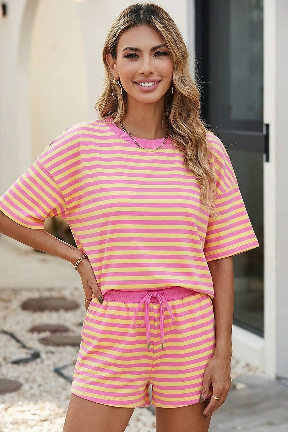 Stripe Drop Shoulder Boxy Casual Terry Short Set: Rose Stripe