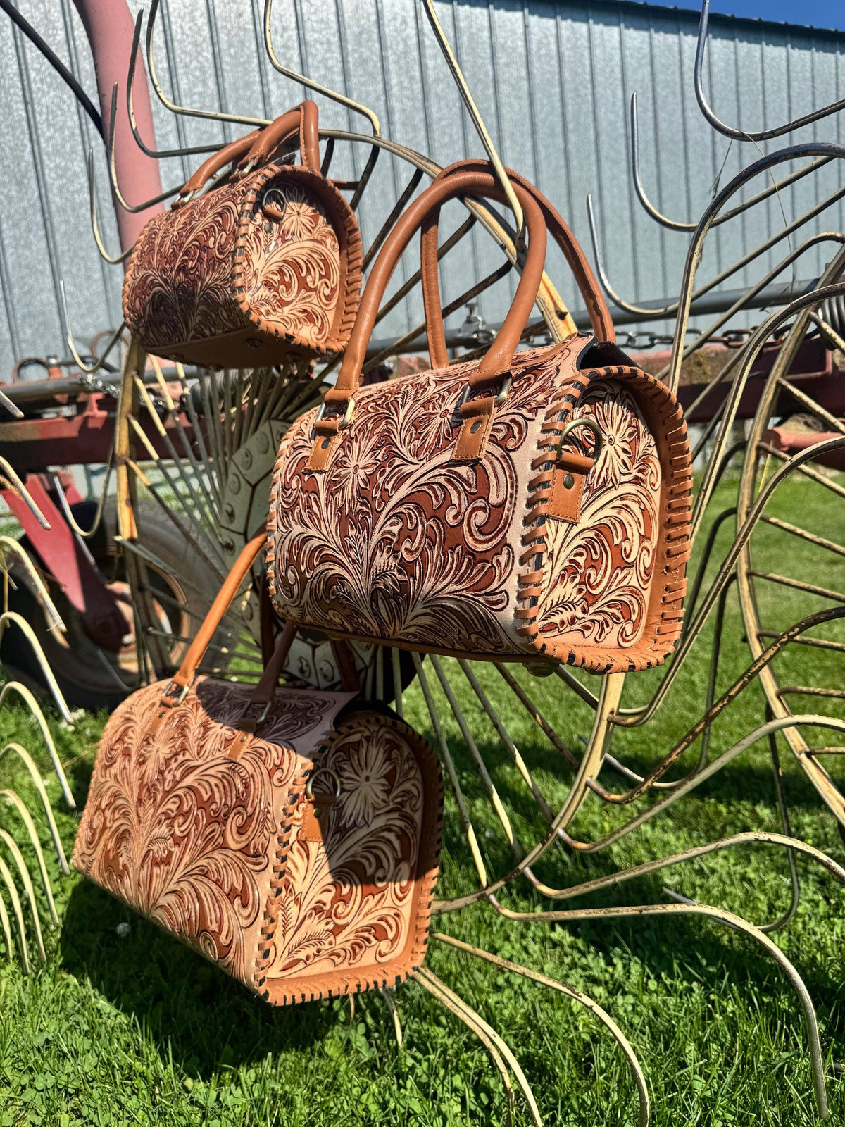 Tan Wild Daisy Heritage Speedy Western Genuine Leather Barrel Bag Purse by Double B: Medium