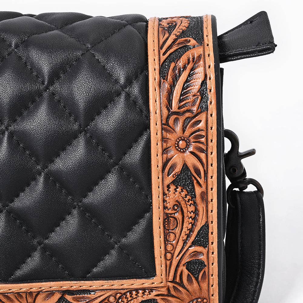ADBG1673 American Darling Hand-Tooled Floral Black Western Leather Organiser Bag - Quilted Crossbody: ADBG1673