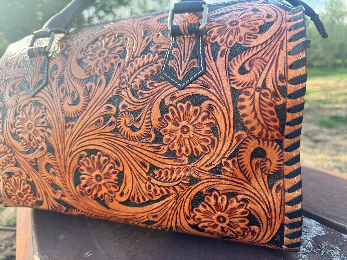Western Nights Black Speedy Genuine Leather Barrel Bag Purse by Double B: Medium