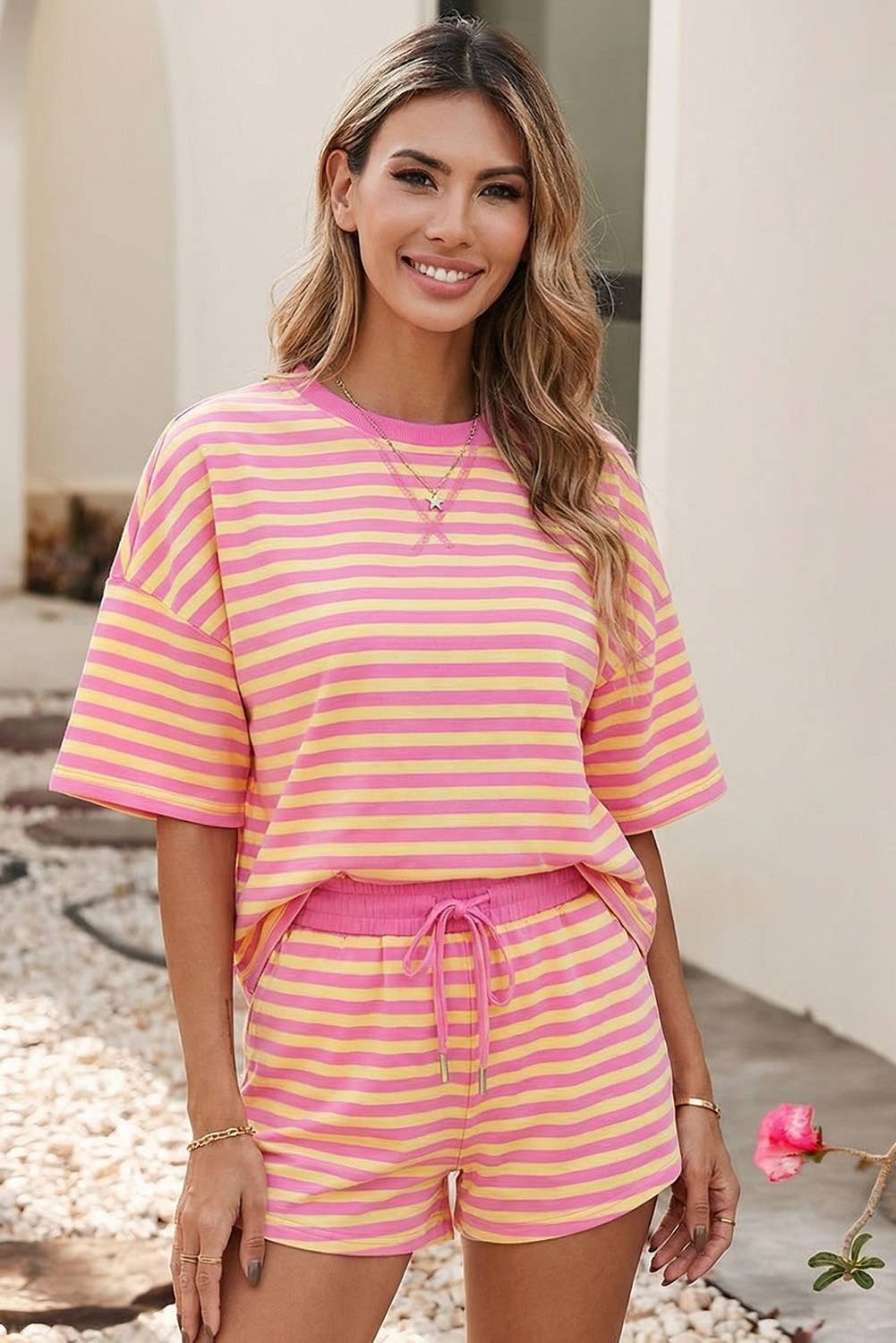 Stripe Drop Shoulder Boxy Casual Terry Short Set: Rose Stripe