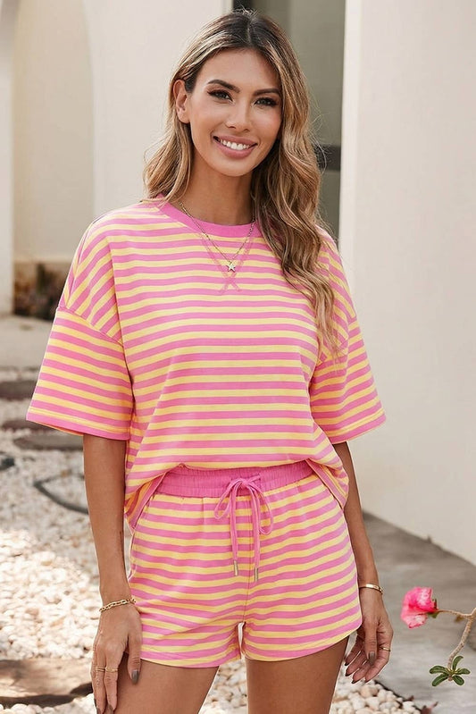 Stripe Drop Shoulder Boxy Casual Terry Short Set: Rose Stripe
