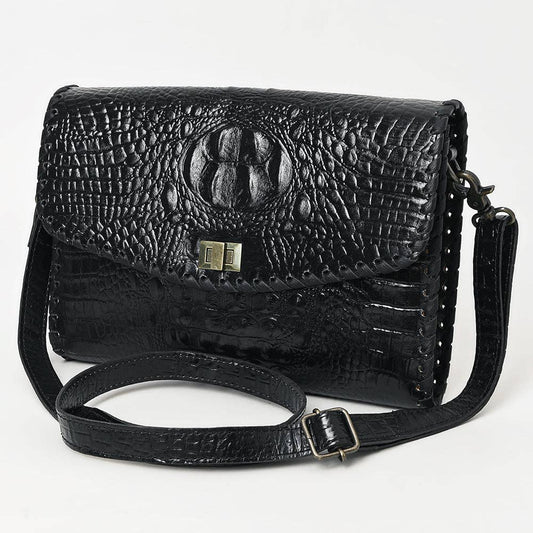 ADBG1526 Black Croc-Embossed Leather Crossbody Bag - Western Structured Flap Purse: ADBG1526