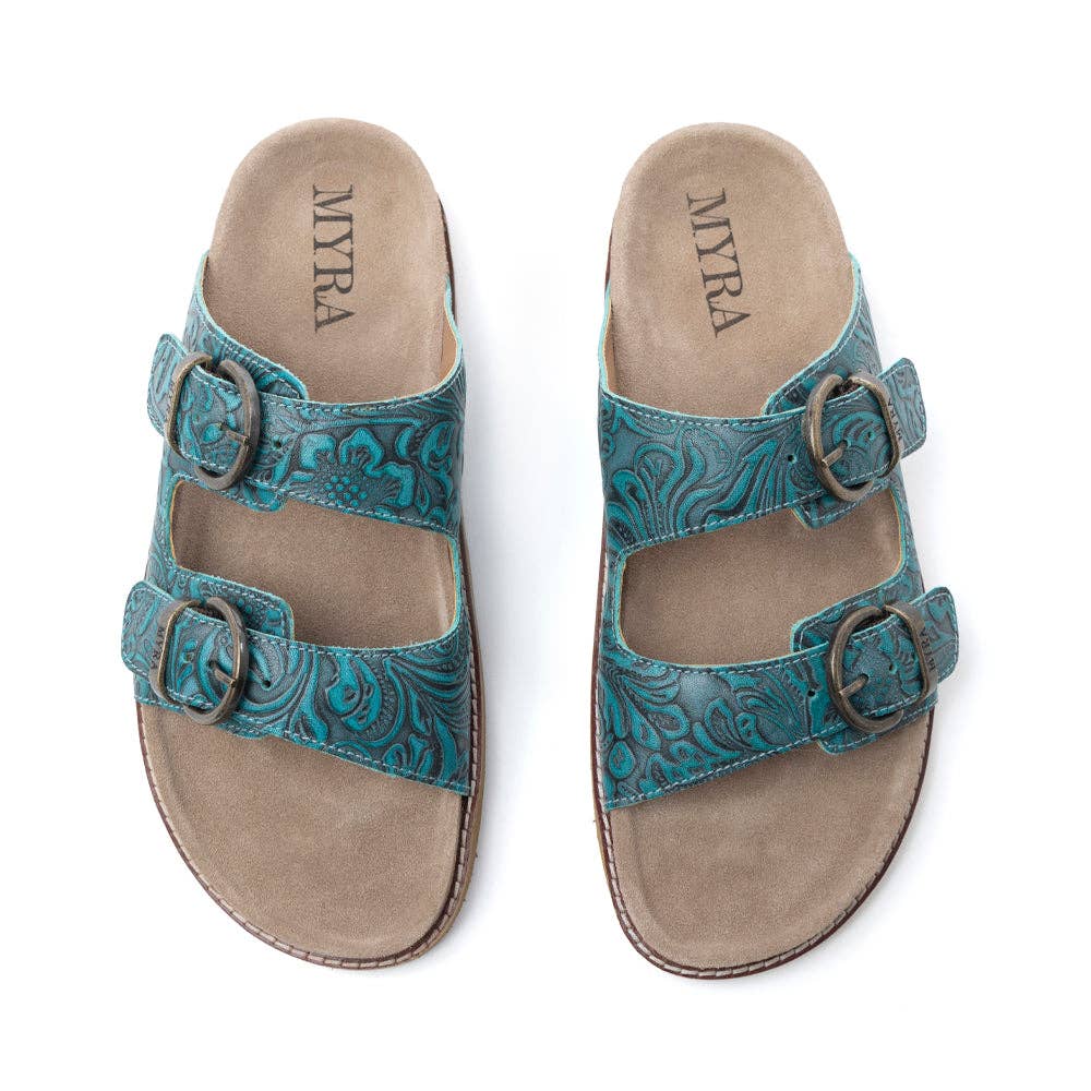 Prairie Wind Embossed Leather Sandals in Western Jade: Western Jade