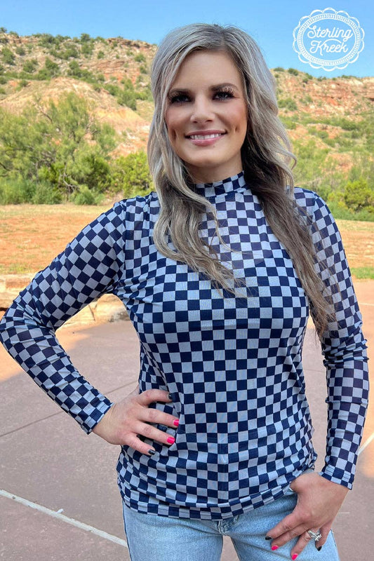 Cowboy Cuties Mesh Top: Blue and Gray Checkered