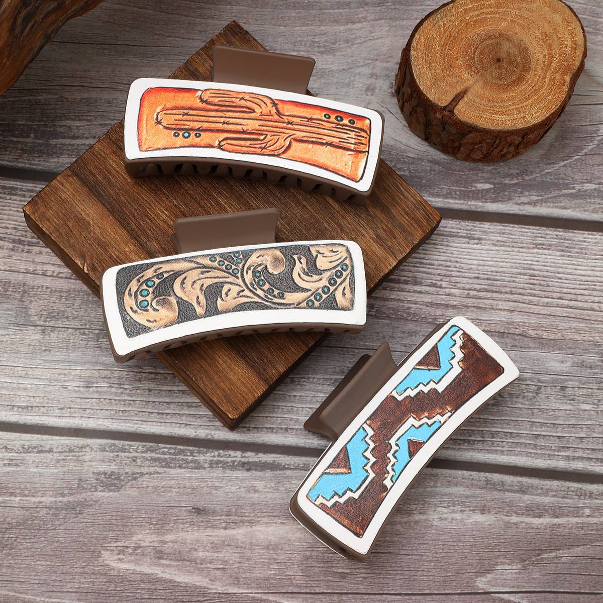 Western Cactus Leather Hair Claw - Shark Clip_CWASC1629: TYPE3 / (OS) 1