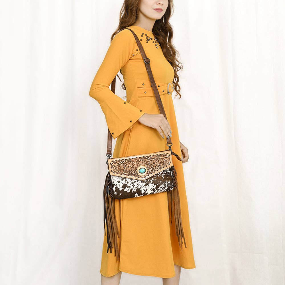 ADBG1484 American Darling Cowhide Hand-Tooled Envelop Bag | Fringe Crossbody Purse: ADBG1484 1