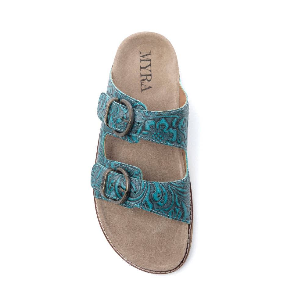 Prairie Wind Embossed Leather Sandals in Western Jade: Western Jade