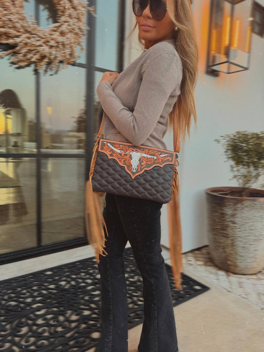 LAINEY CROSSBODY steer longhorn -quilted leather purse bag: BROWN