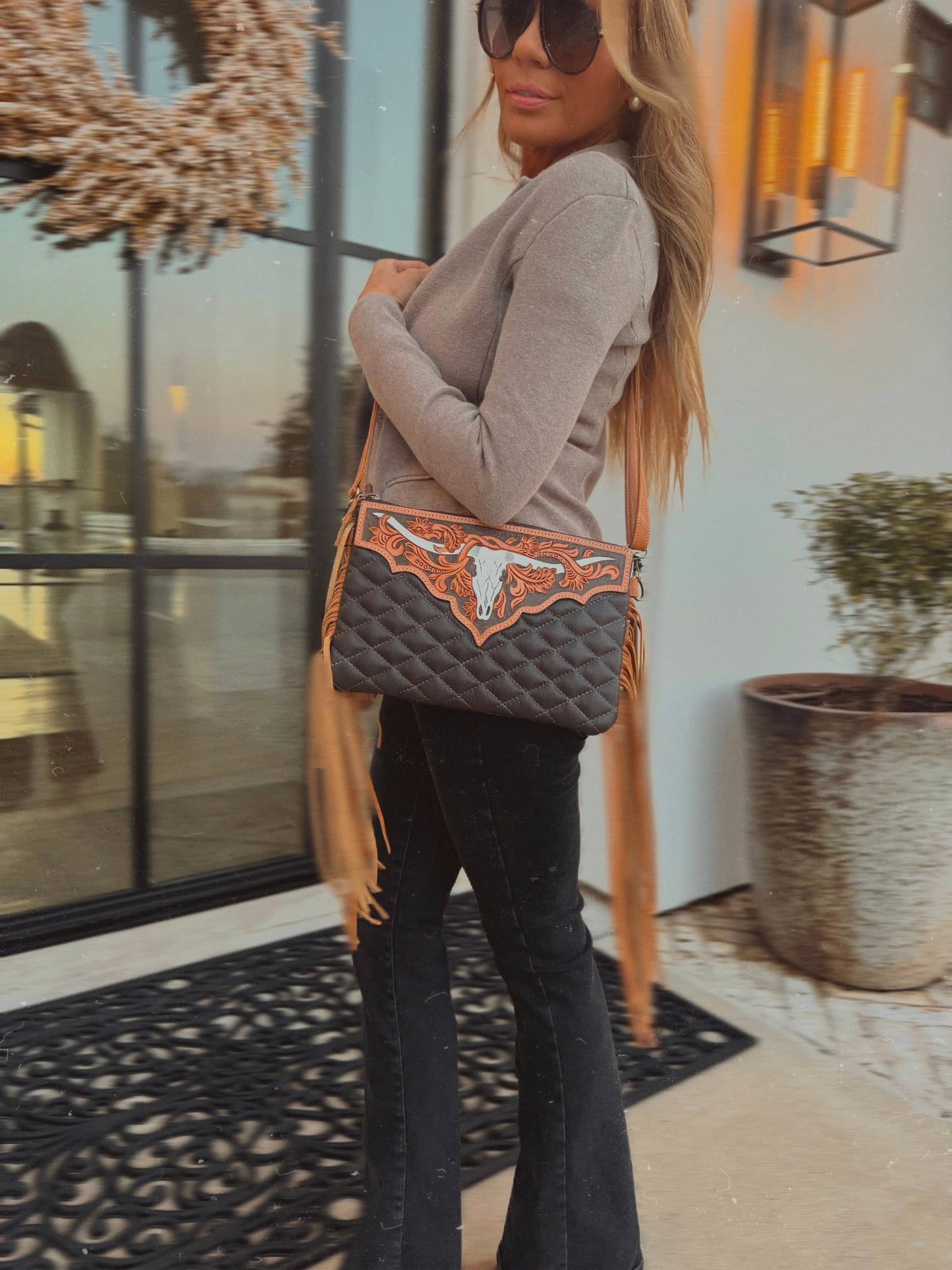 LAINEY CROSSBODY steer longhorn -quilted leather purse bag: BLACK