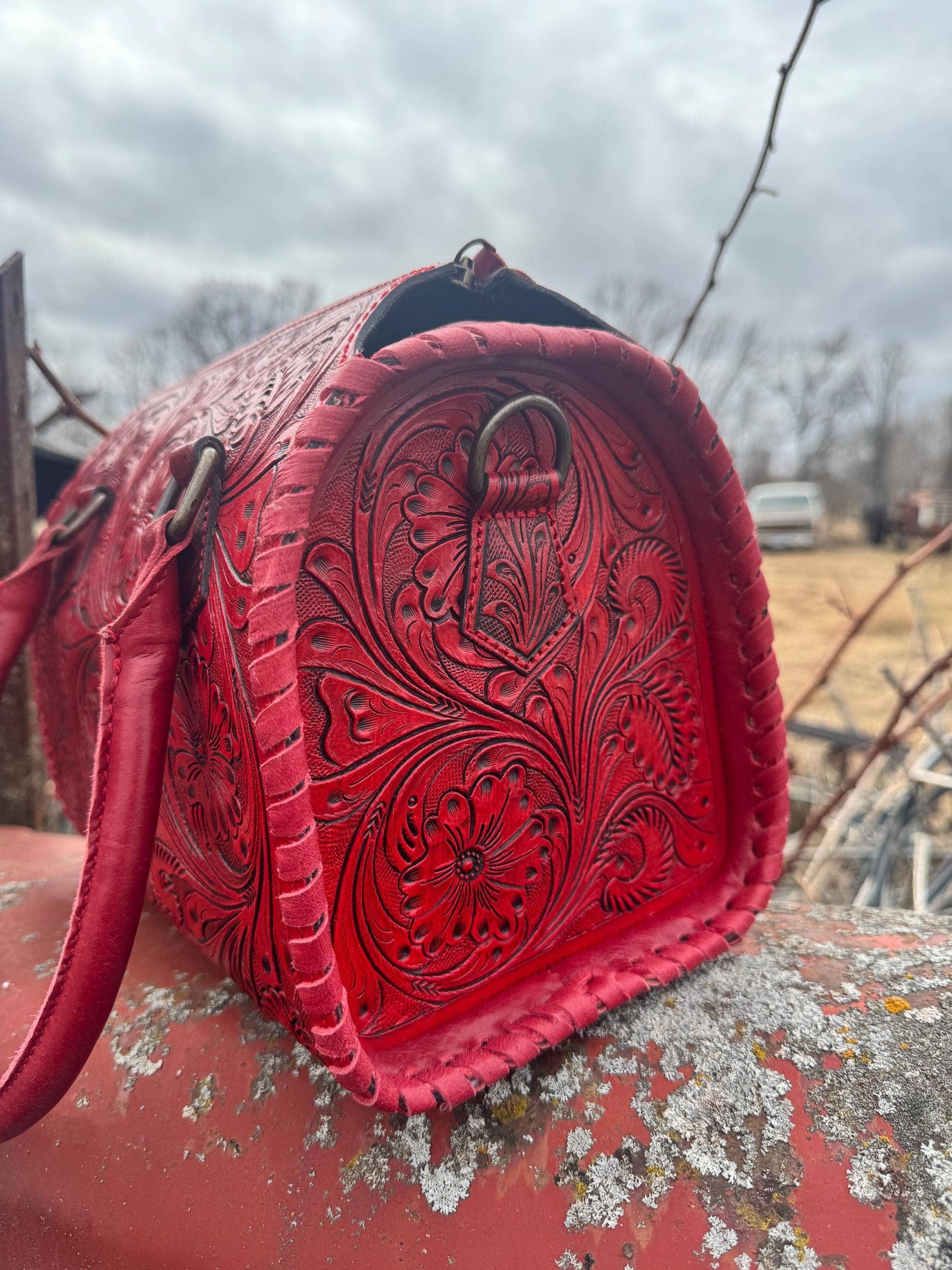 Deep Cherry Red Speedy Western Genuine Leather Barrel Bag Purse: Medium