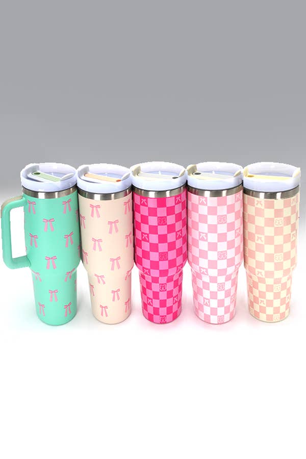 40oz STAINLESS STEEL TUMBLER BOW | TB40OZ: BOW CHECKER FUCHSIA