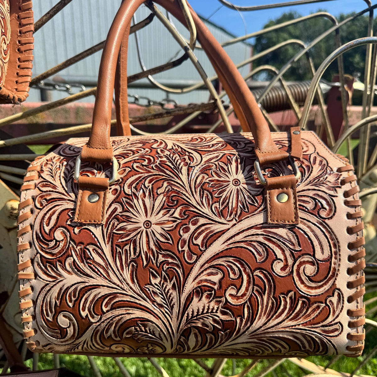 Tan Wild Daisy Heritage Speedy Western Genuine Leather Barrel Bag Purse by Double B: Medium