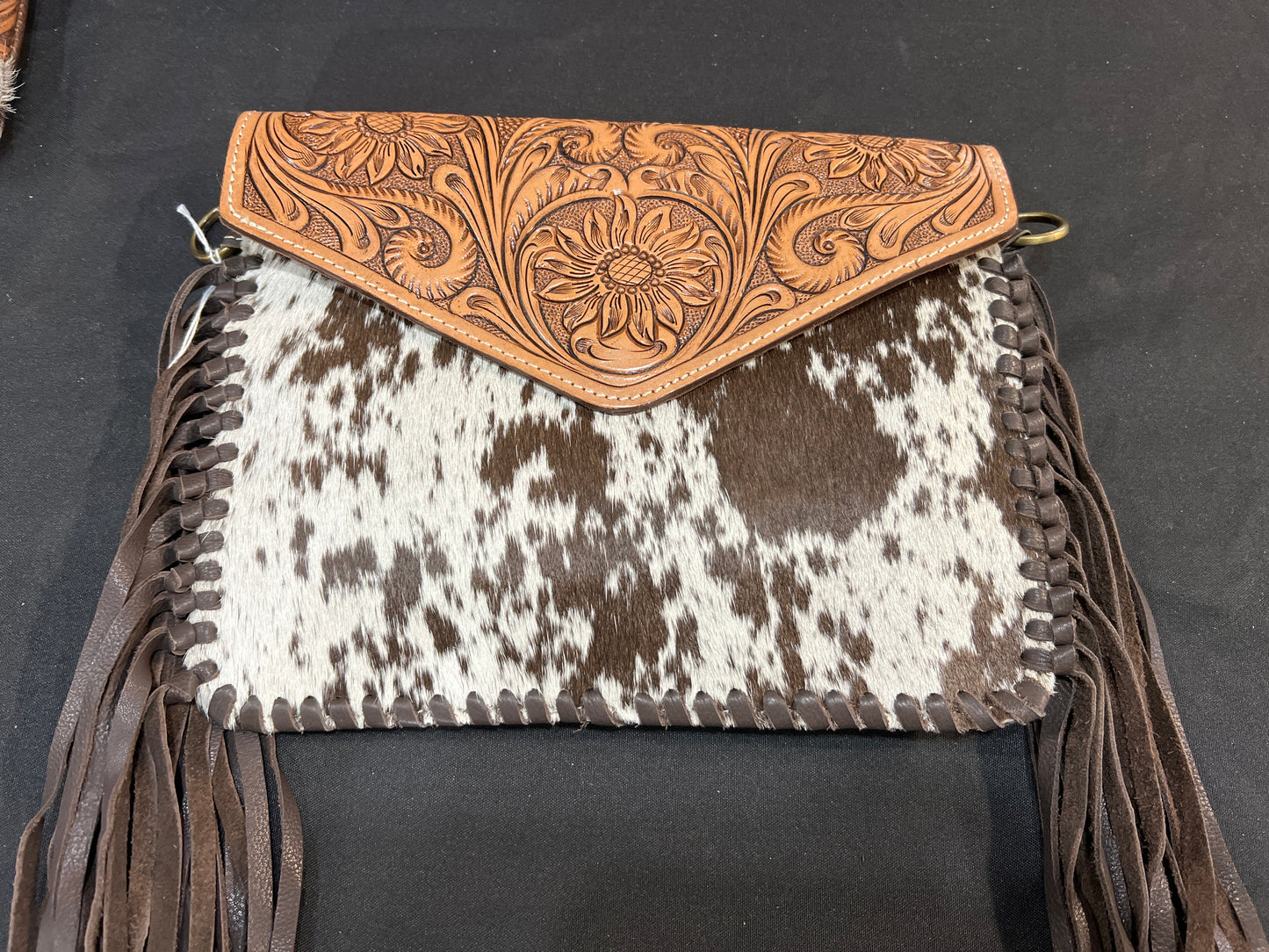 Cowhide Crossbody with Fringe - Brown Tooled Leather