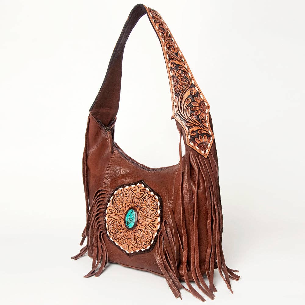 ADBGA219 American Darling Hand Tooled Genuine Leather Hobo Bag Turquoise Concho Fringe: ADBGA219A