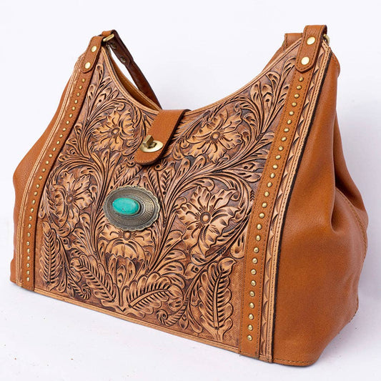 TurquoiseAmerican Darling Tooled Leather Hobo Bag with Concho & Studded Trim