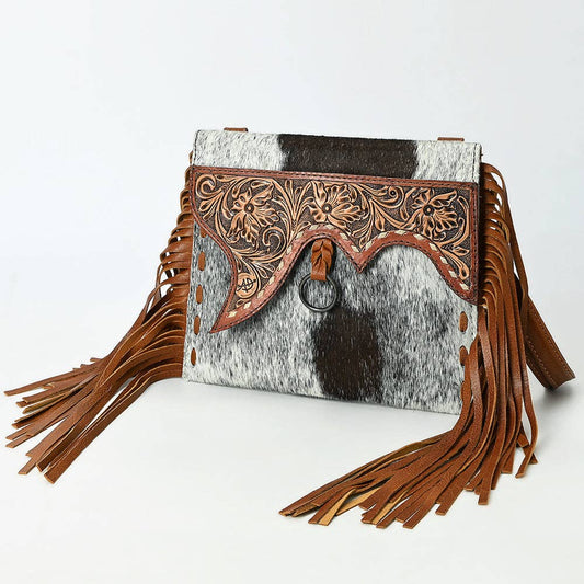 ADBG1589 American Darling Hair-On Cowhide Western Leather Wristlet Bag with Tooled Floral Detailing & Fringe: ADBG1589