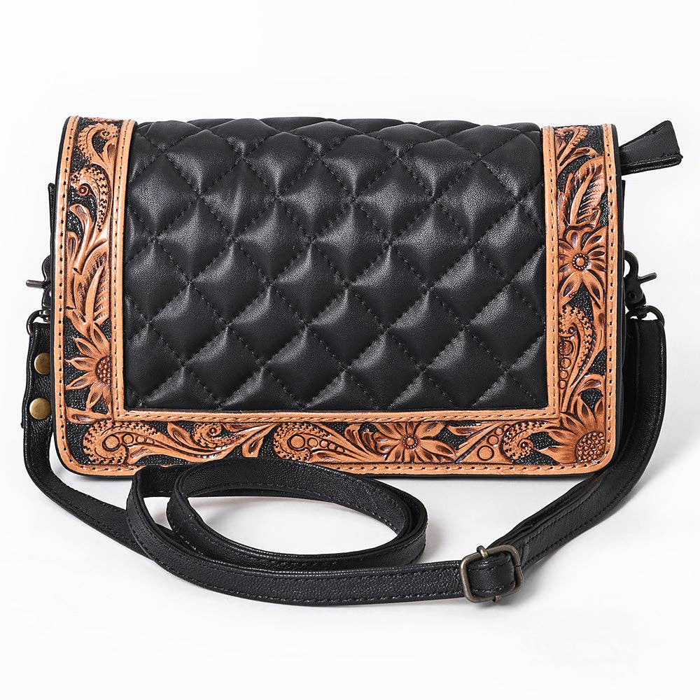 ADBG1673 American Darling Hand-Tooled Floral Black Western Leather Organiser Bag - Quilted Crossbody: ADBG1673