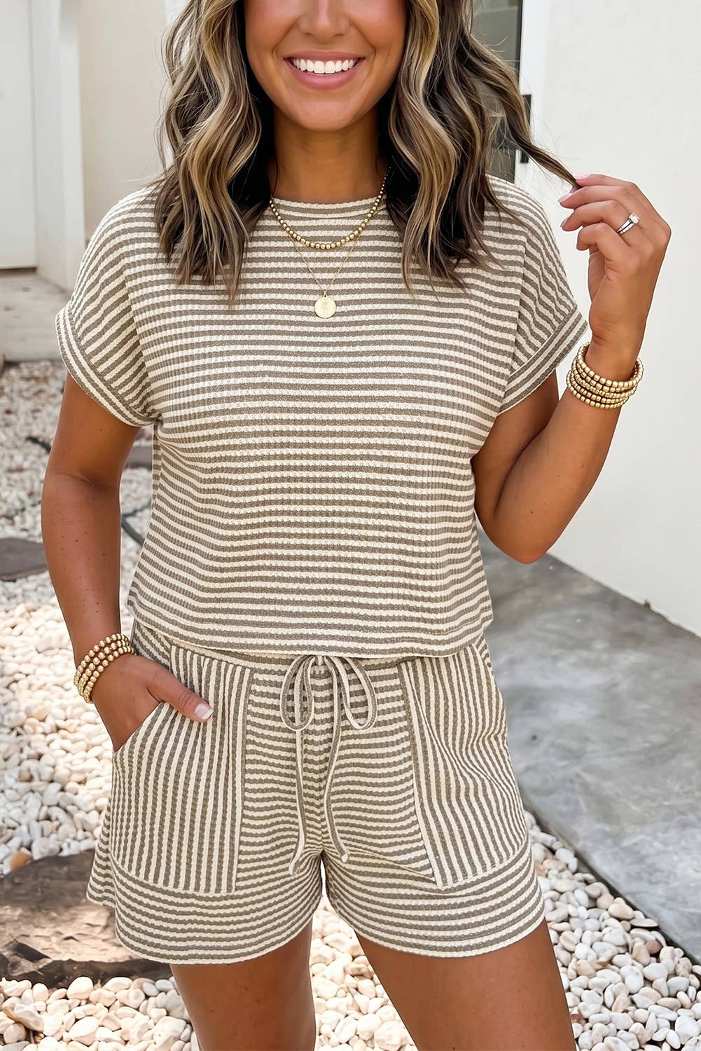 Stripe Breathable Textured Knit Short 2pcs Set: Brown Stripe S, M, L and XL