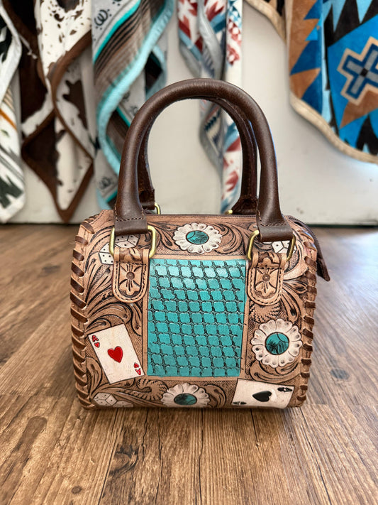 Aces Turquoise Tooled Leather Western Speedy Purse   : Small