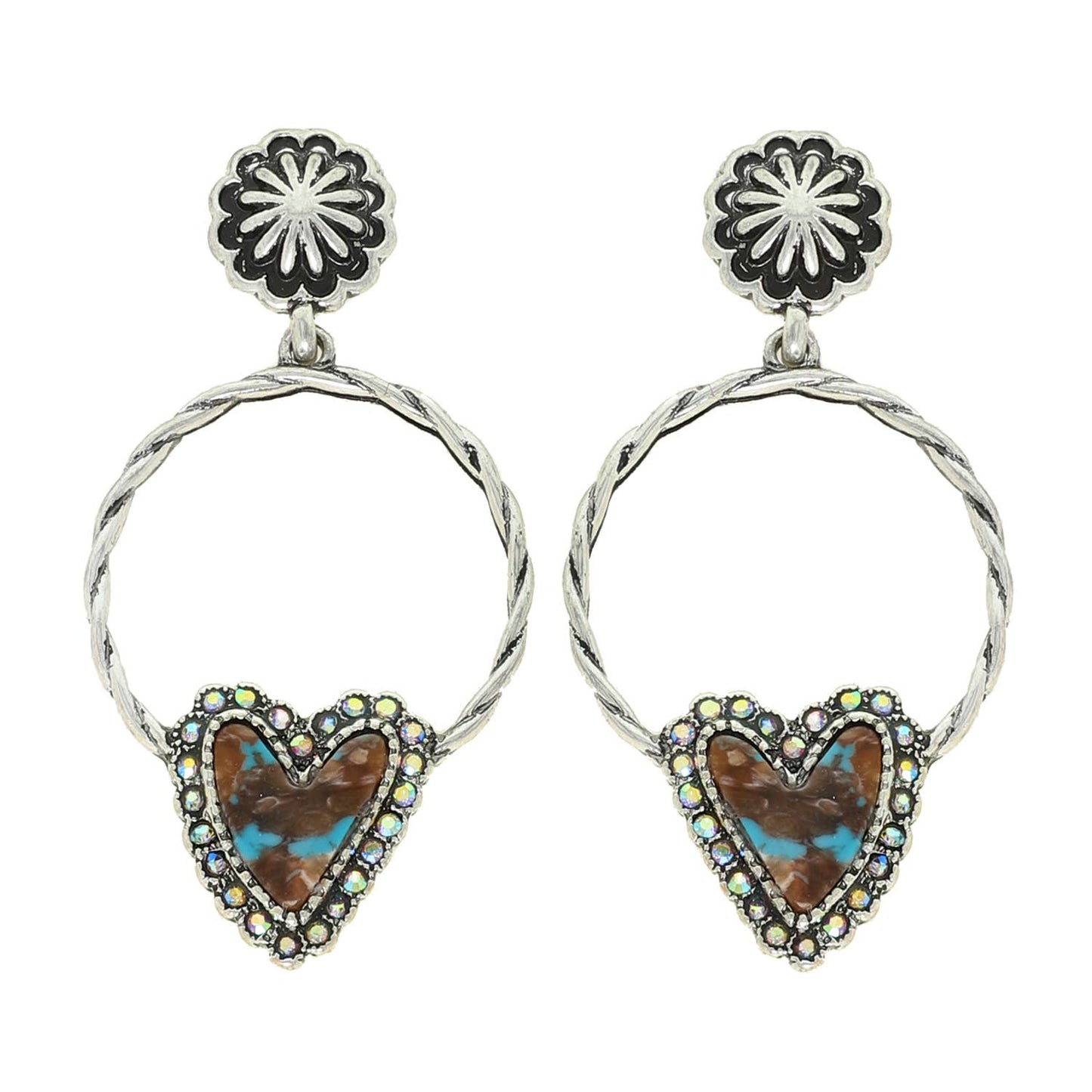 Western Turquoise Heart Open Circle Drop Earrings