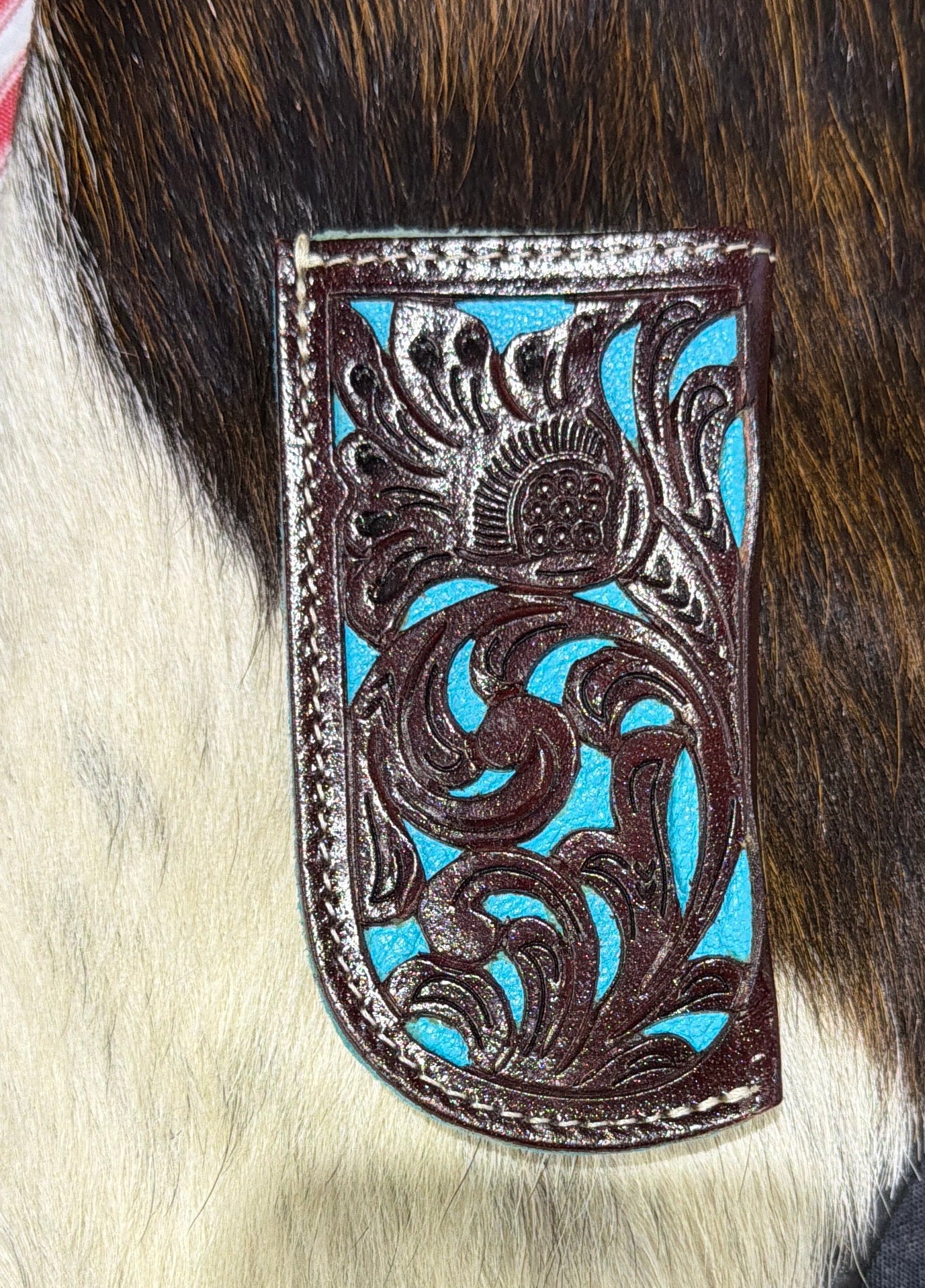 Leather Pocket Knife Sheath Genuine Leather Case Pocket: Brown with Turquoise # 5