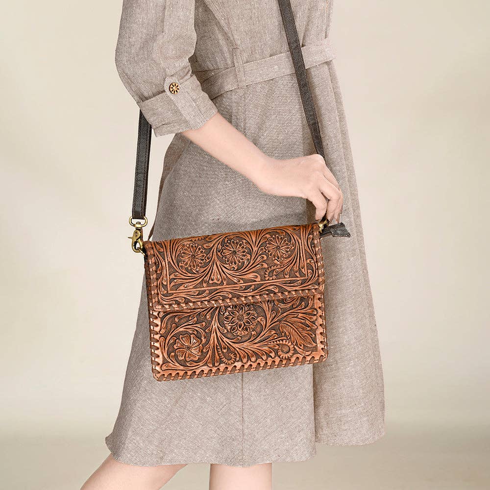 The Western Whirl-Genuine Leather Tooled Handbag: OHA119
