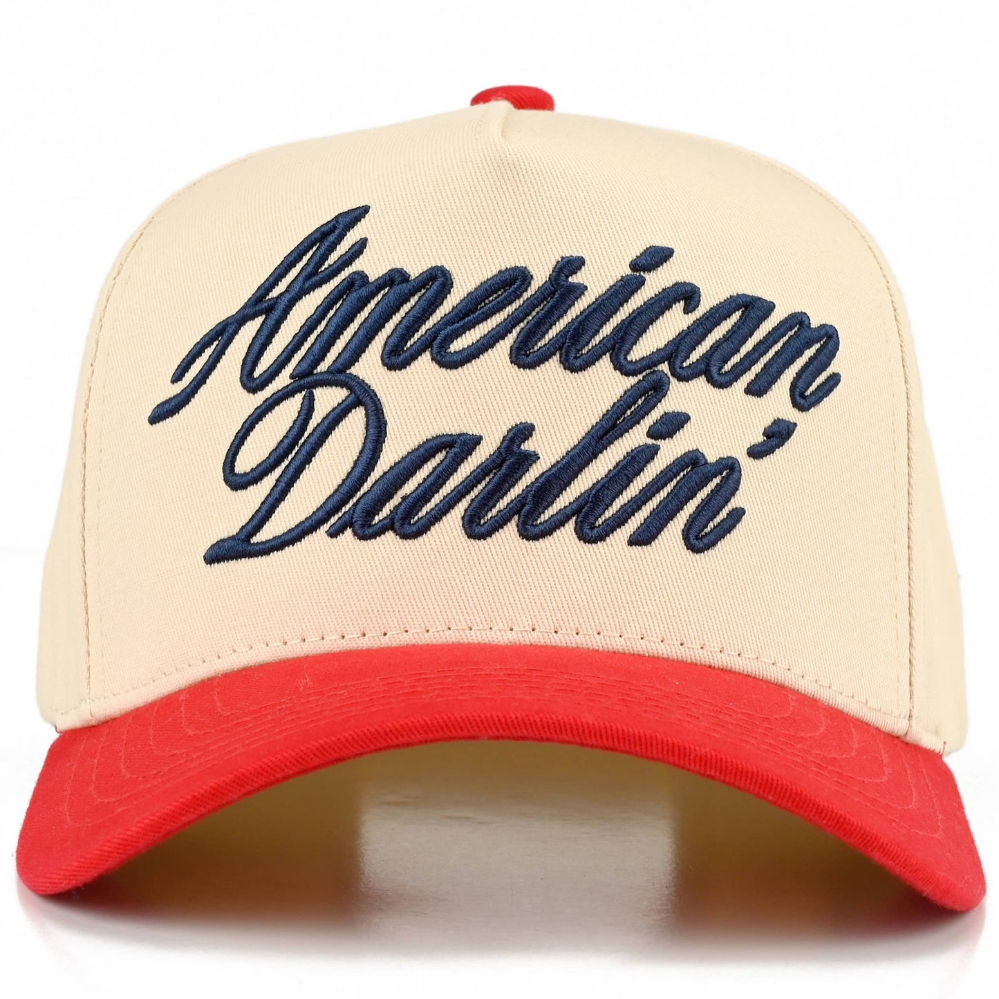 C.C AMERICAN DARLIN' Letter on Two Tone Trucker Hat: Red