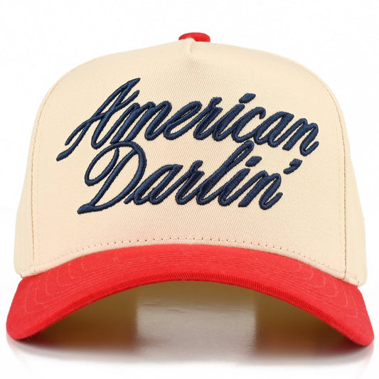 C.C AMERICAN DARLIN' Letter on Two Tone Trucker Hat: Red