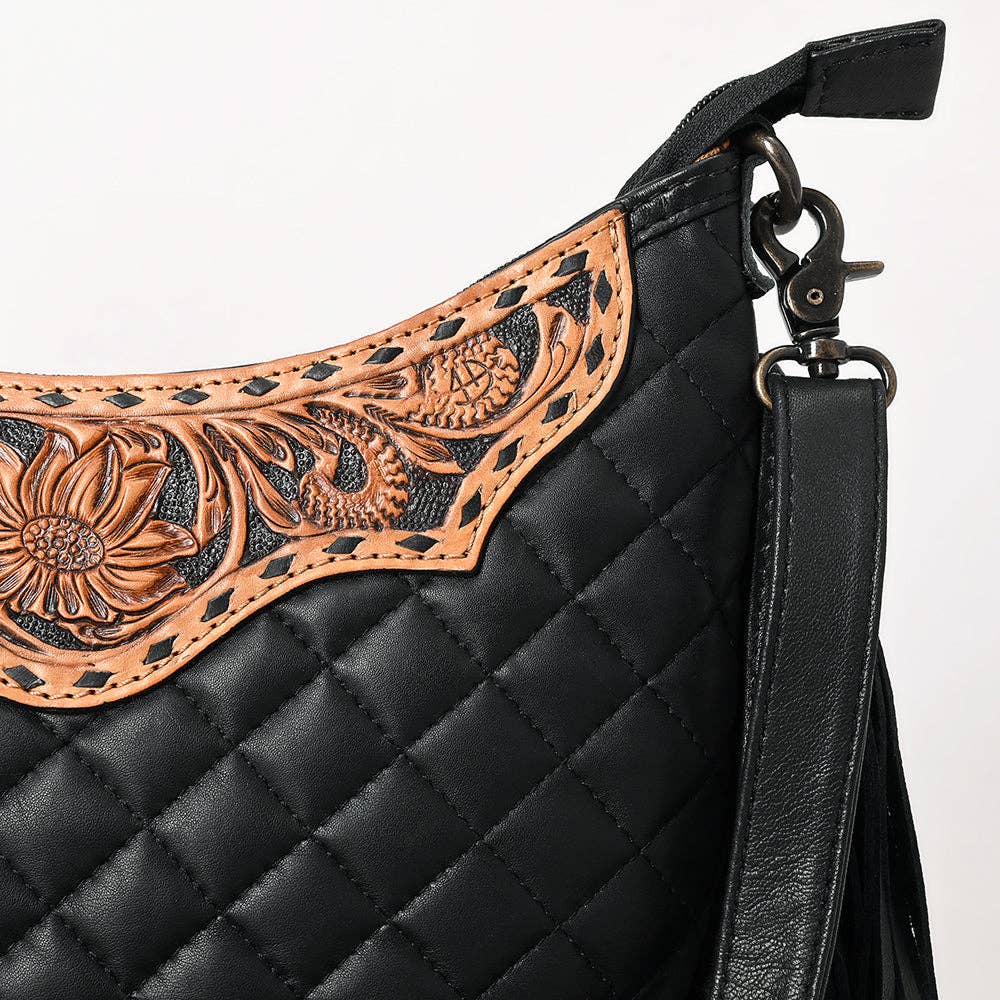 ADBG1686 American Darling Large Quilted Crossbody Hobo | Hand-Tooled Yoke Fringe Bag: ADBG1686