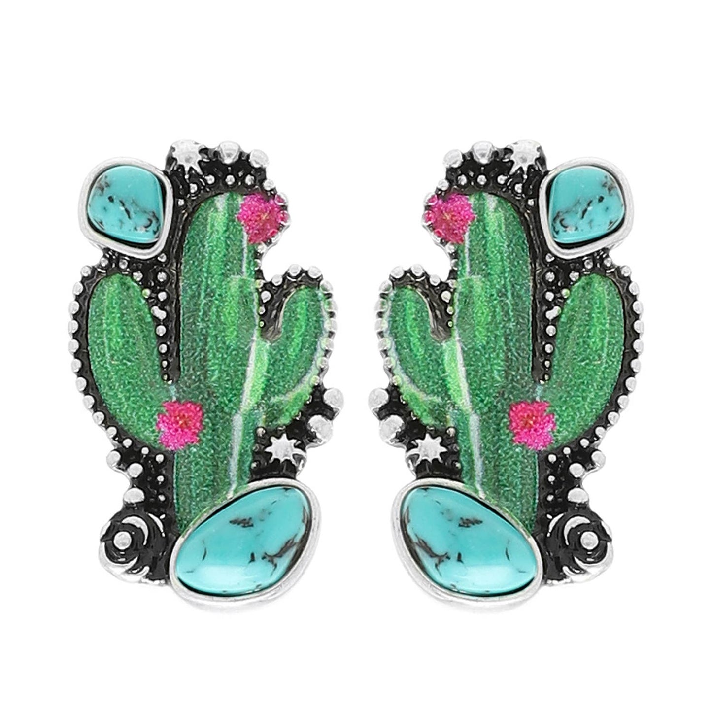 Western Turquoise Cactus Post Earrings