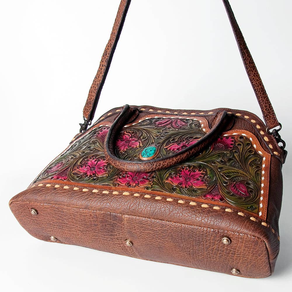 LC-ADBGZ478 Tooled Leather Western Tote Bag - Floral Carving with Turquoise Accent & Dual Handles: ADBGZ478