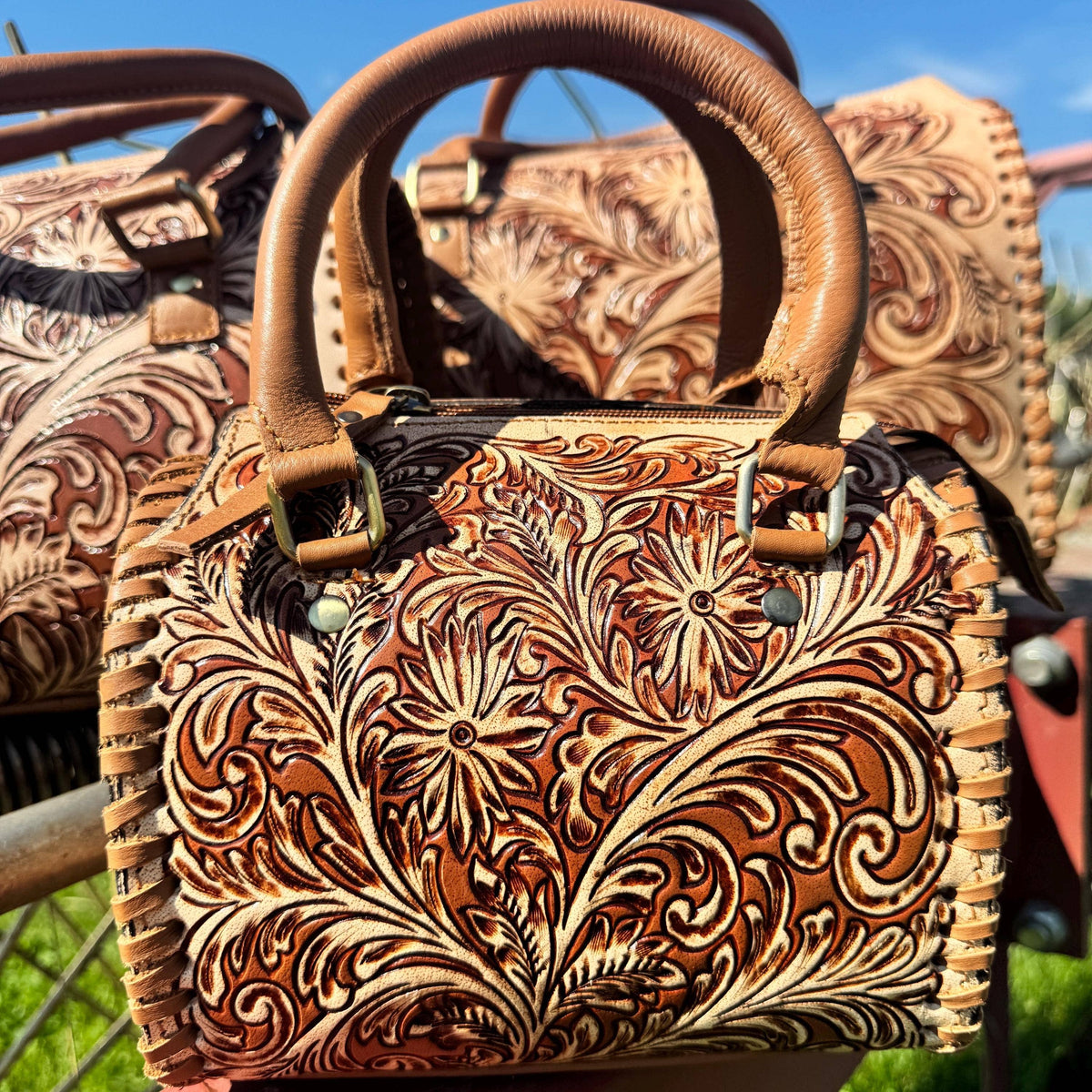 Tan Wild Daisy Heritage Speedy Western Genuine Leather Barrel Bag Purse by Double B: Medium