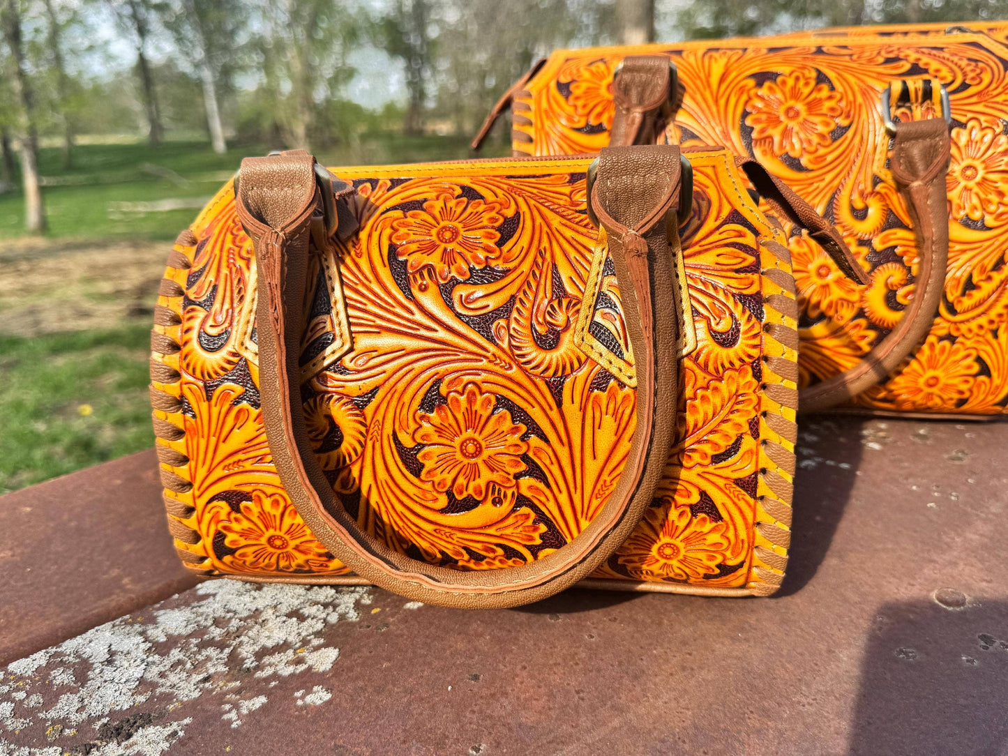 Sorrel Sunset Speedy Western Genuine Leather Barrel Bag Purse: Medium