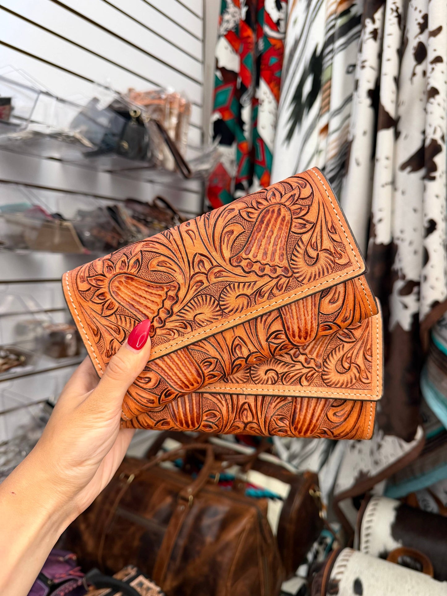 Hand Tooled Leather Western Clutch Wallet: Dark Tan