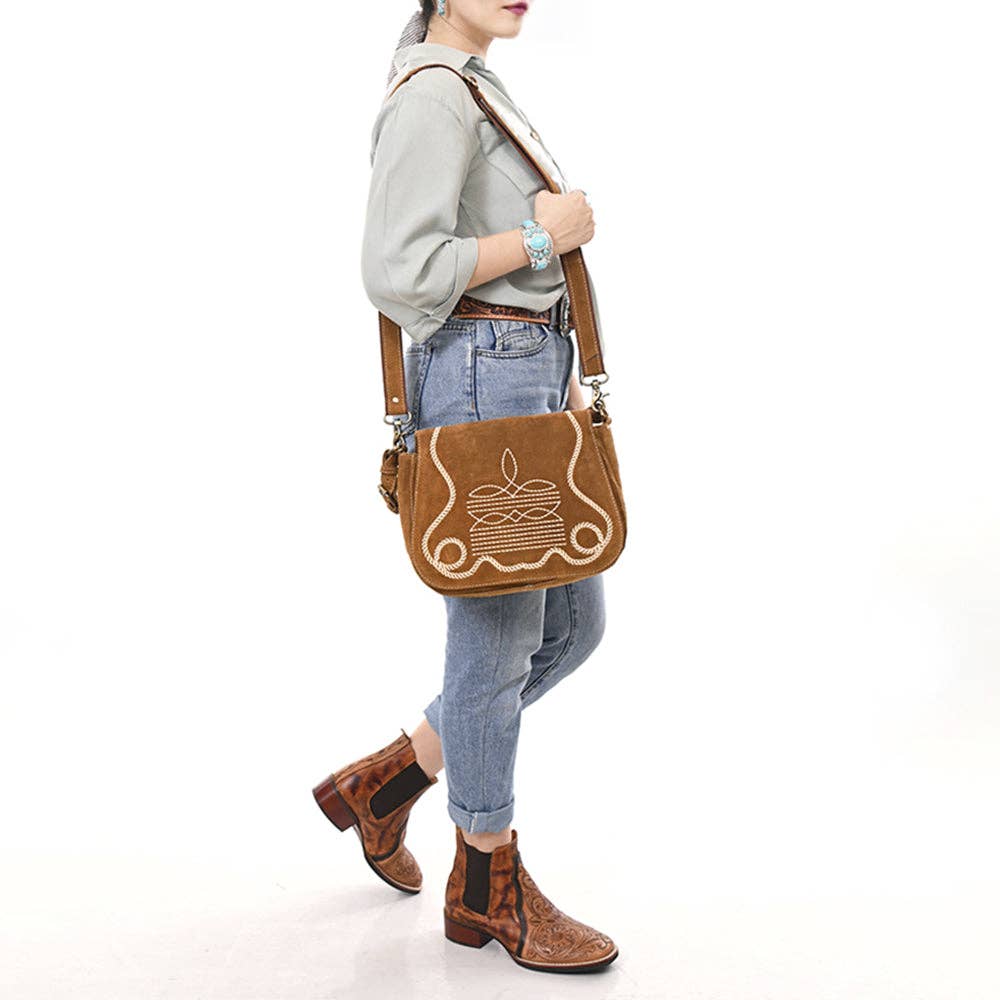 Tan Crossbody Genuine Western Suede Leather women bag: ADBGA670C