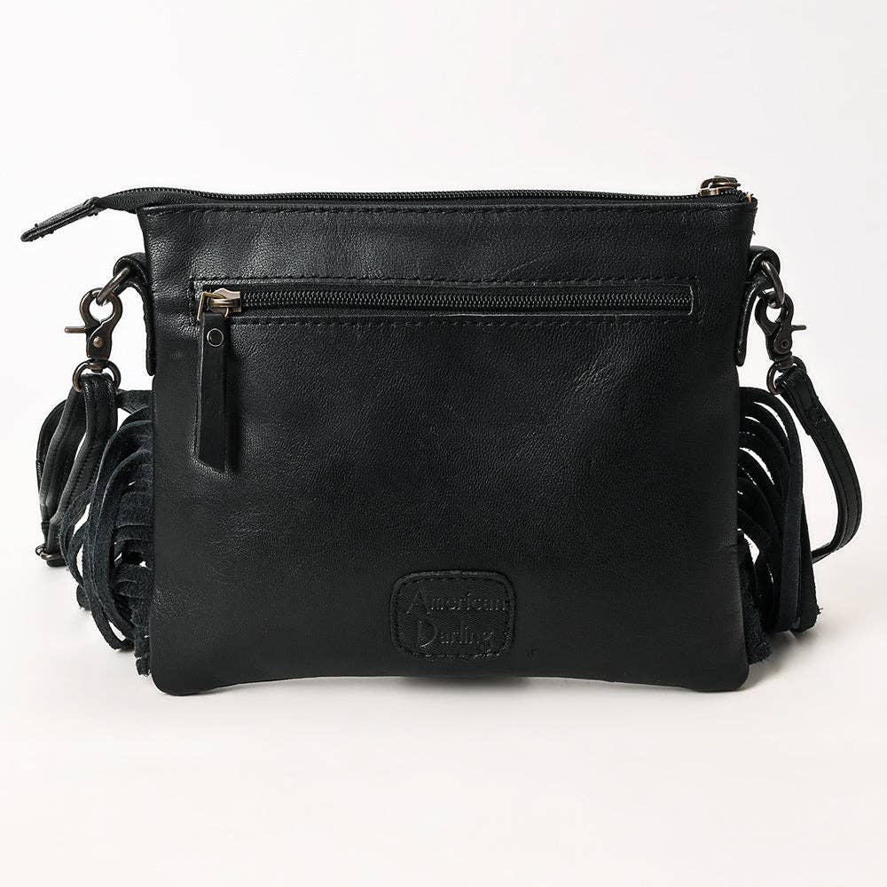 ADBG1683 American Darling Quilted Leather Crossbody Black | Tooled Flap Fringe Purse: ADBG1683