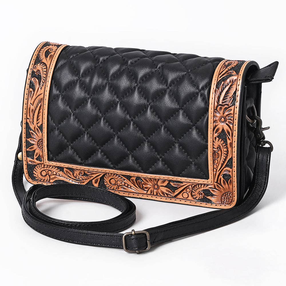 ADBG1673 American Darling Hand-Tooled Floral Black Western Leather Organiser Bag - Quilted Crossbody: ADBG1673