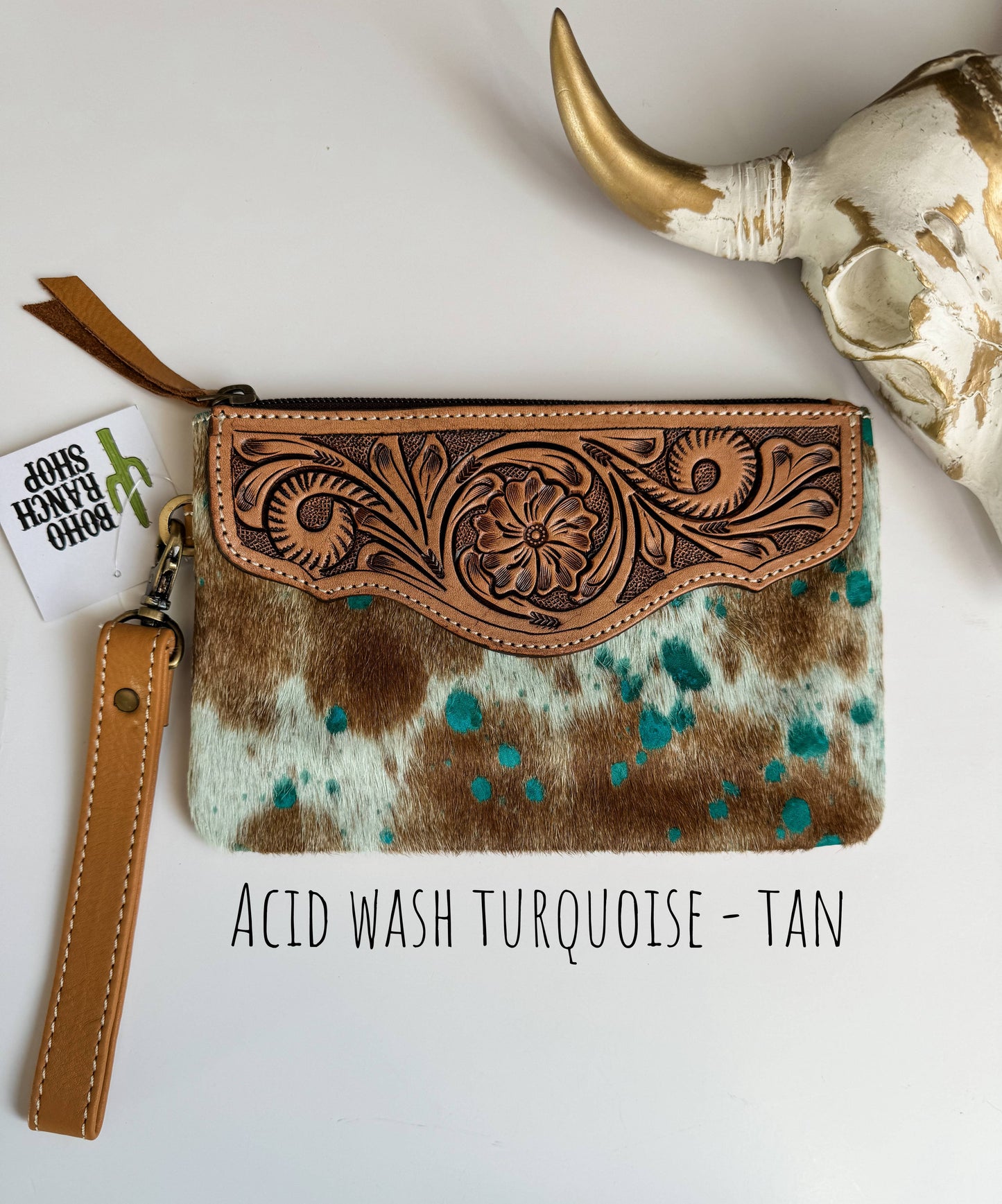 Western Hairon Cowhide Wristlet Purse Bag: BROWN + WHITE COWHIDE
