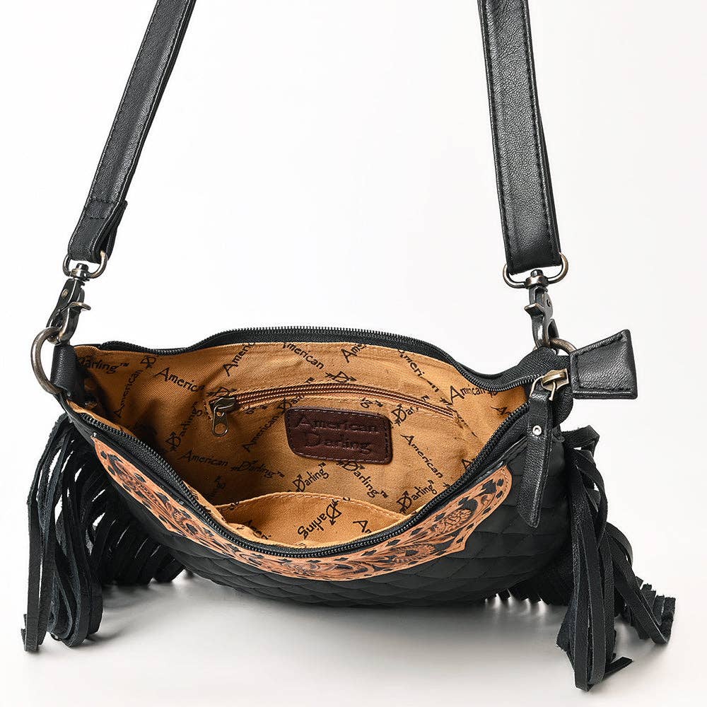 ADBG1686 American Darling Large Quilted Crossbody Hobo | Hand-Tooled Yoke Fringe Bag: ADBG1686