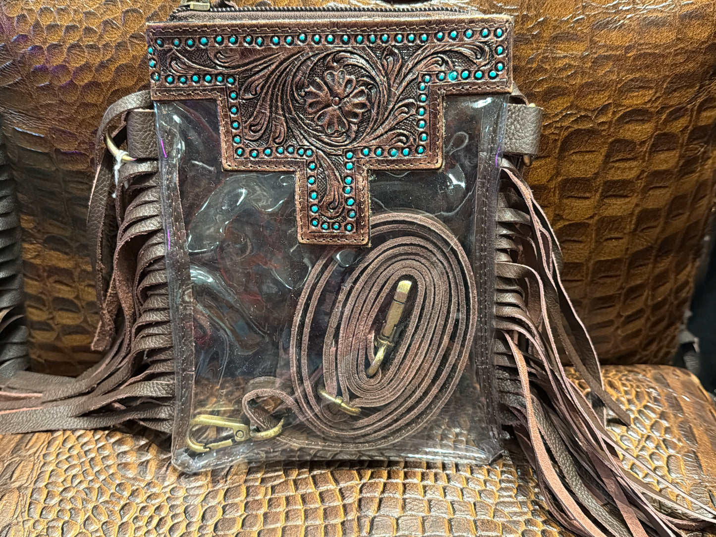 Clear Crossbody with Tooled Leather Phone Bag