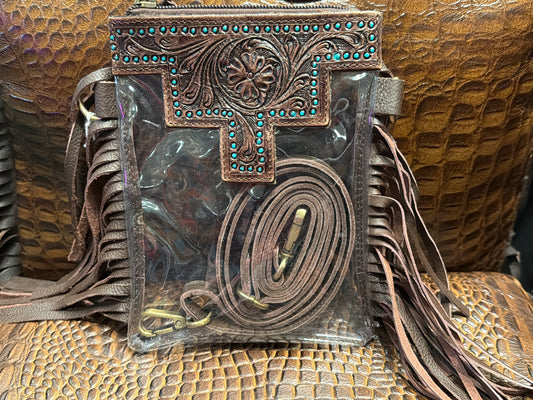 Clear Crossbody with Tooled Leather Phone Bag