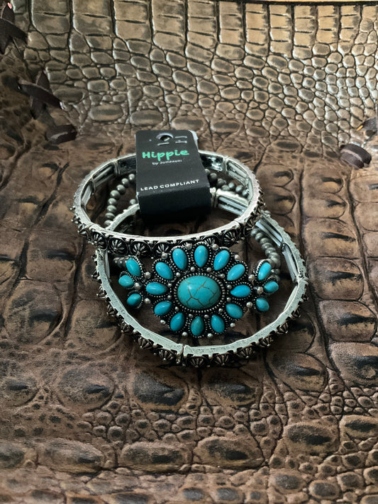 Turquoise Concho with Silver Trio Fashion Bracelet Set