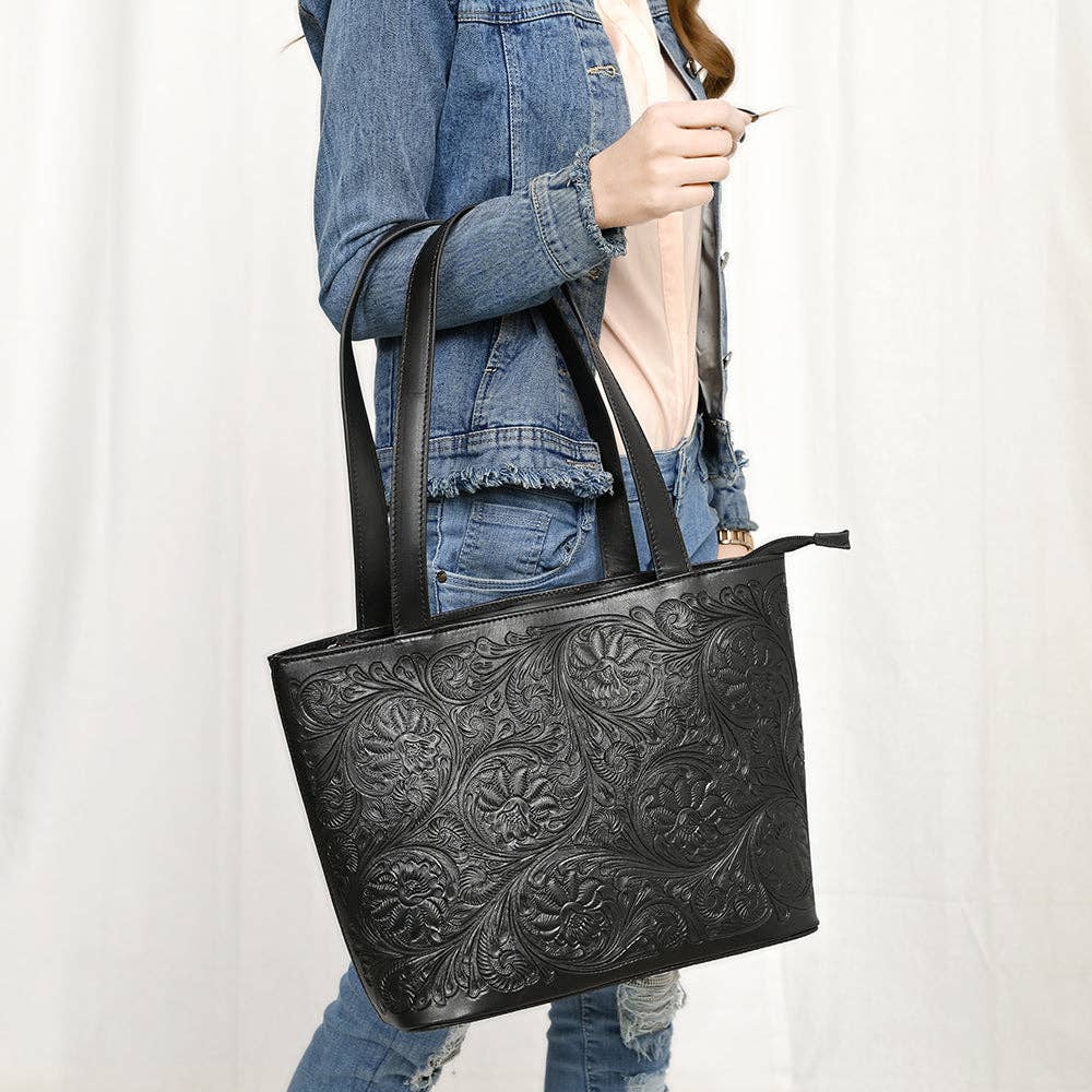 ADBGZ837A Black Hand-Tooled Leather Tote Bag Western Floral Elegance: ADBGZ837A