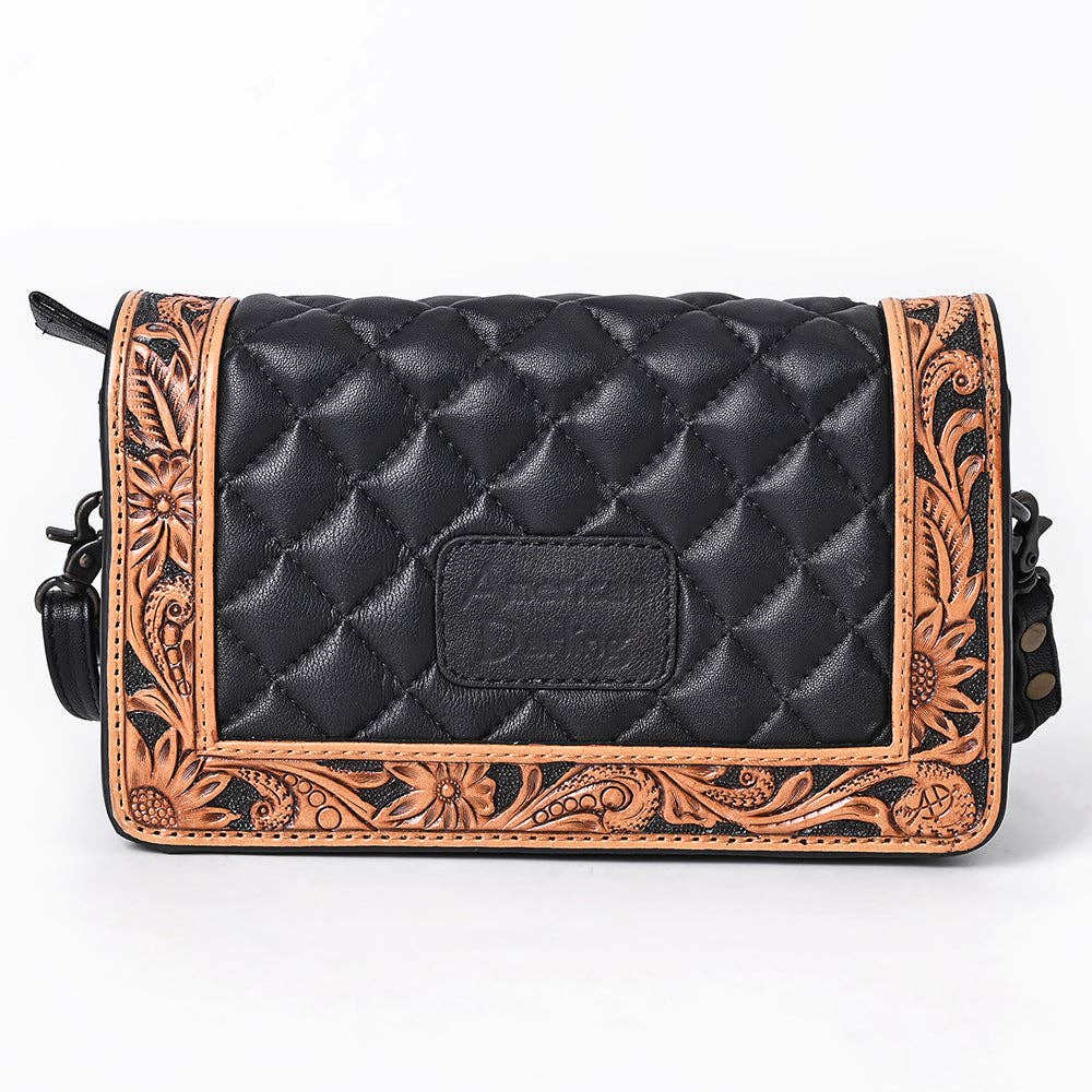 ADBG1673 American Darling Hand-Tooled Floral Black Western Leather Organiser Bag - Quilted Crossbody: ADBG1673