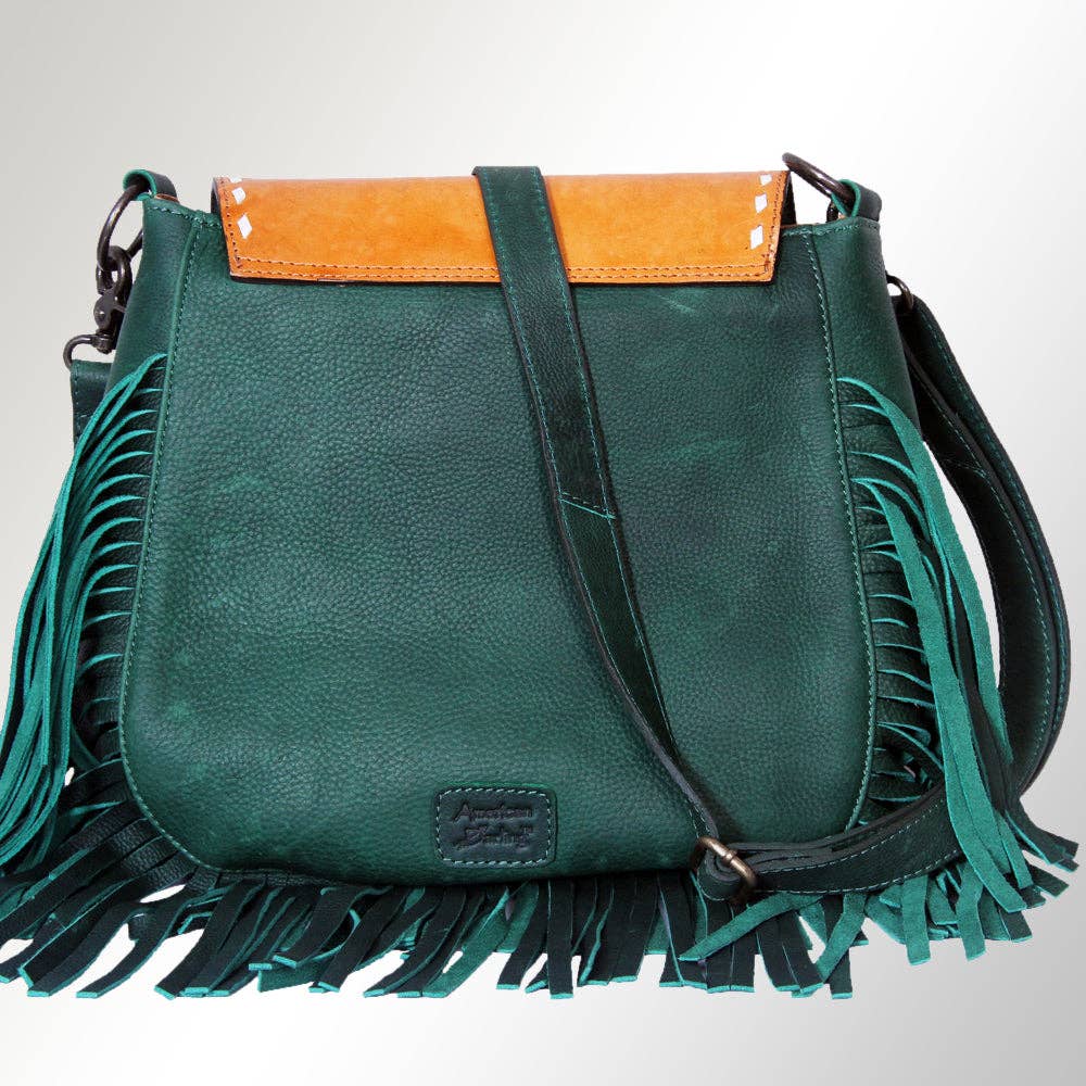 LC-ADBGZ483 Tan & Green Tooled Leather Messenger Bag - Floral Design with Turquoise Accent and Fringe: ADBGZ483