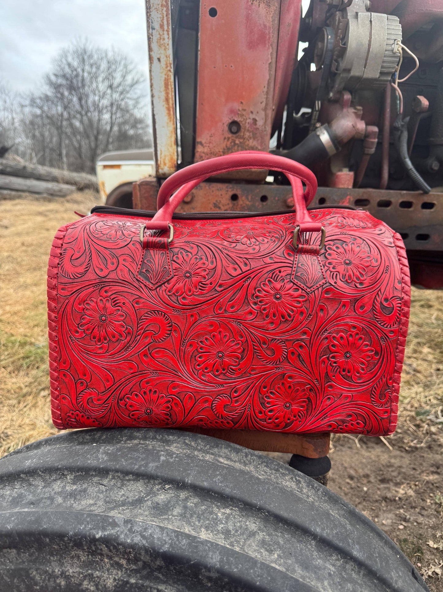 Deep Cherry Red Speedy Western Genuine Leather Barrel Bag Purse: Medium