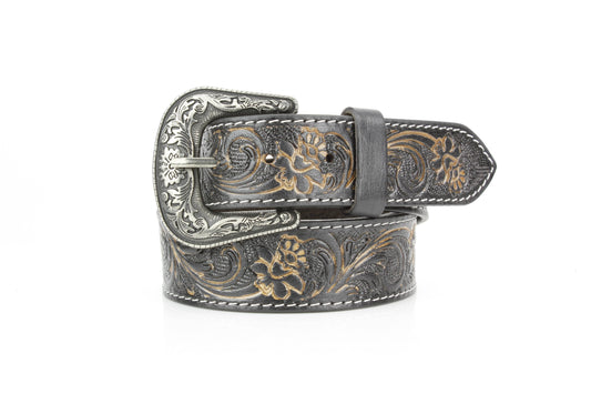 Black Tooled Leather Belt Camel Turquoise