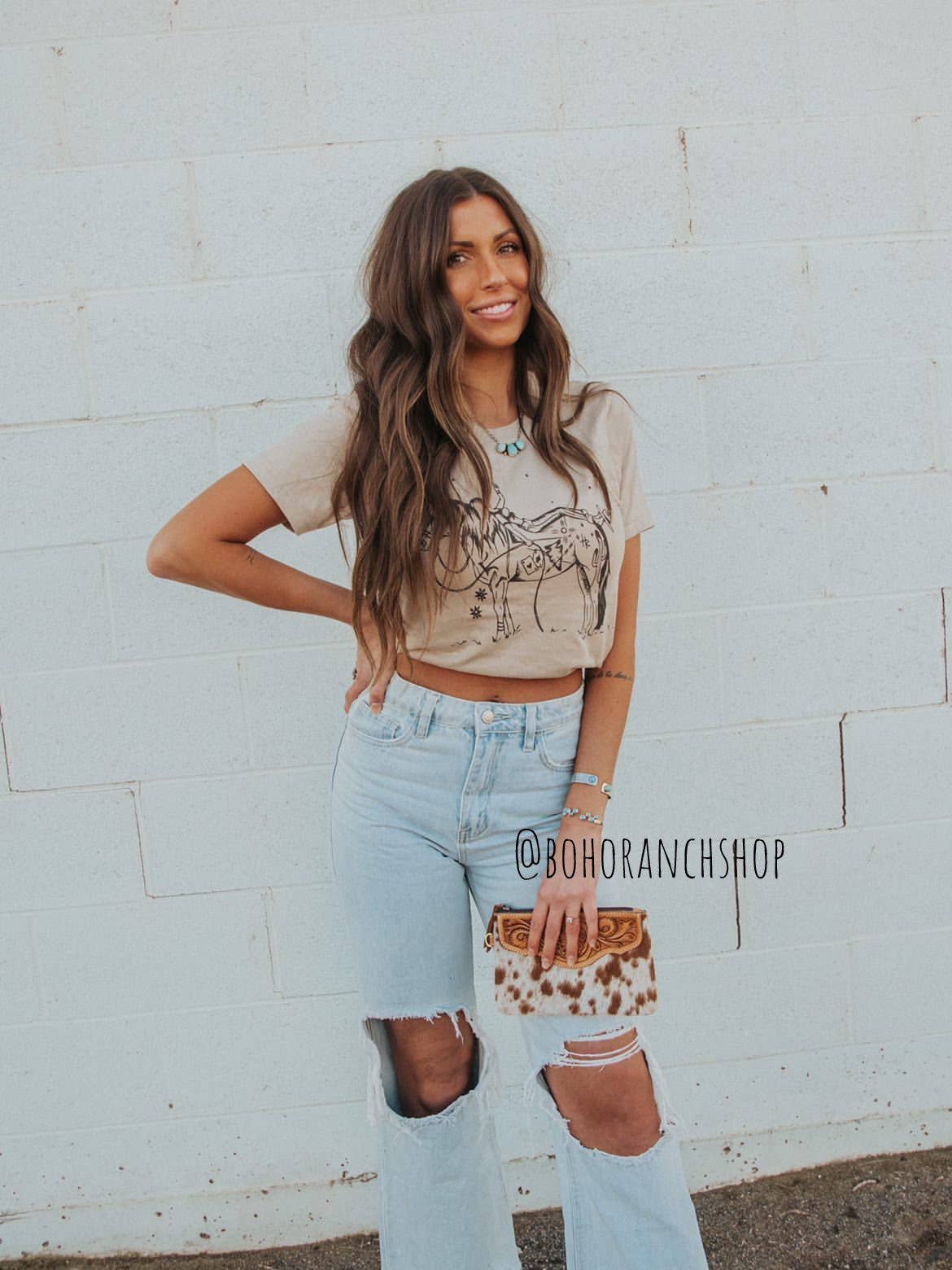 Western Hairon Cowhide Wristlet Purse Bag: BROWN + WHITE COWHIDE