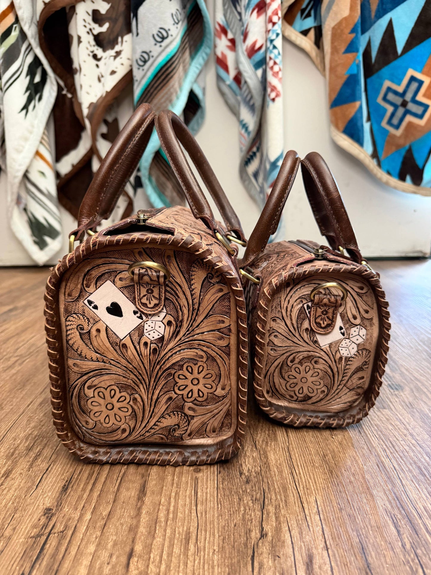 Aces Checkered Tooled Leather Western Speedy Purse   : Medium